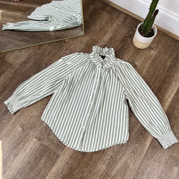 Veronica Beard Calisto Seersucker Striped Shirt Dark Sage & White - Picture 5 of 7